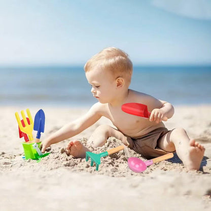 UMUACCAN Beach Toys for Kids,Beach Sand Toys, 8'' Metal Sandbox Toys with Sturdy Wooden Handle,Safe Beach Gardening Set,Spoon, Fork, Trowel, Rake & Shovel for Kids，Snow Shovel（6 pcs）