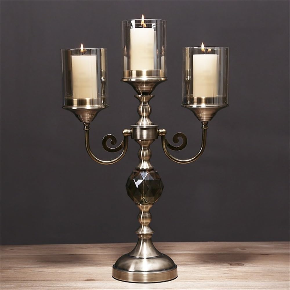cfycfy987 Candelabra Retro Metal Glass Three-Head Candlestick Light Luxury Home Decoration Ornaments Candle Holder Candle Sticks Holder(Small)