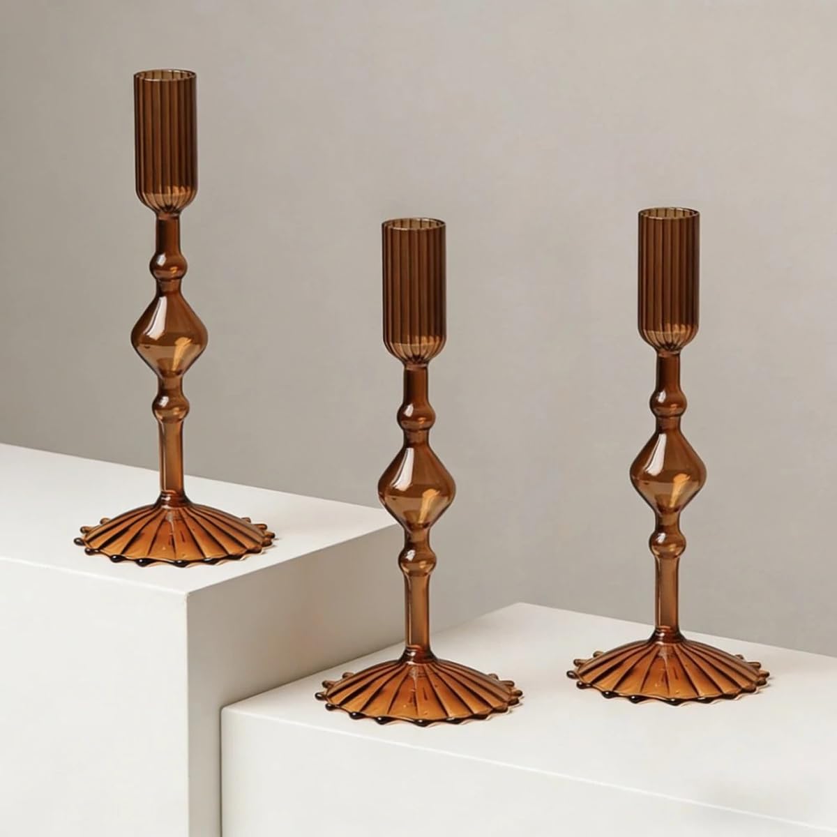 Mineaud 3Pcs Glass Candlestick Holders Glass Taper Candle Holders Groovy Wavy Elegant Candle Stick for Home Party Decoration,Styled-Coffee