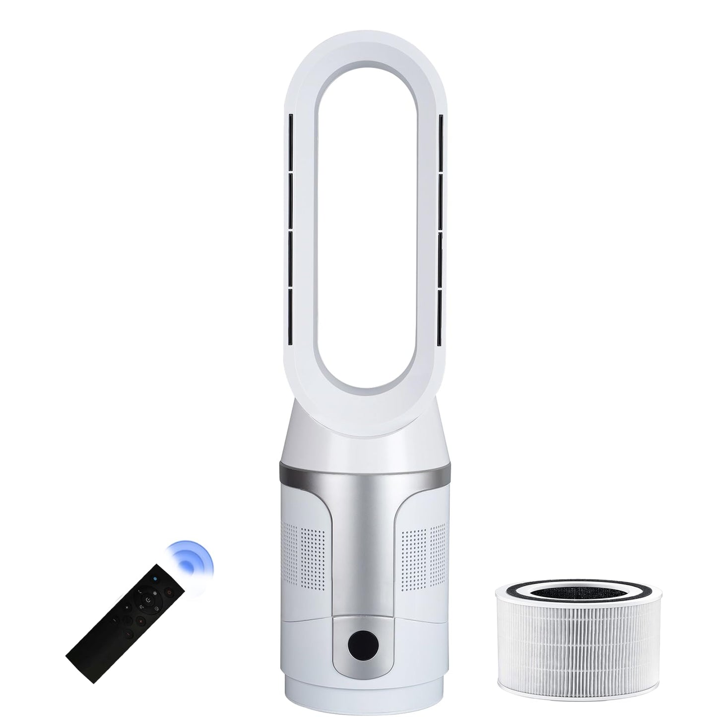 Voagupa Bladeless Tower Fan and Air Purifier, True H13 HEPA Filter, 90° Oscillating Bladeless Fan with Remote and Touch control, 9H Timer, Floor Fans for Bedroom Home Office Use, Silver White