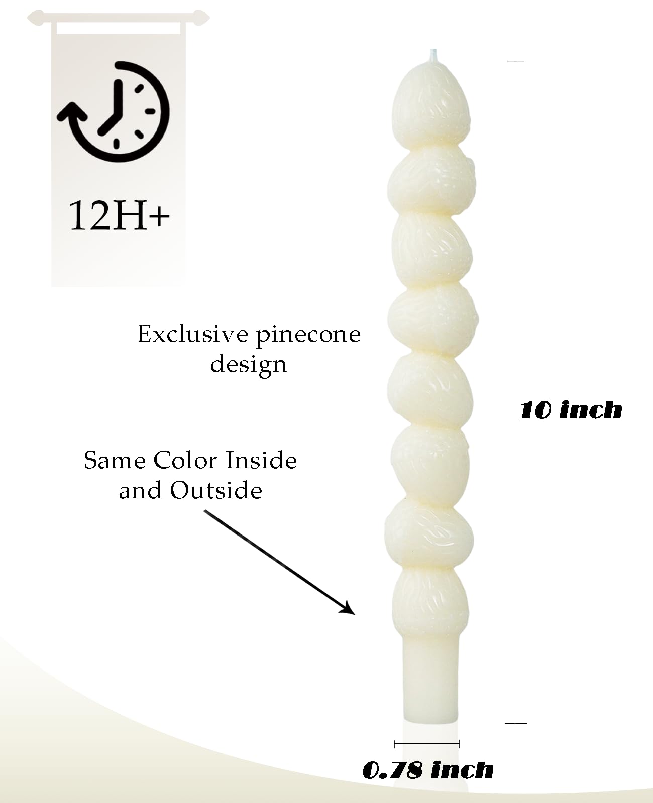 Ivory Taper Candle 10 Inch Pinecone Candlesticks Rustic Decor Unscented Dripless Tapered Candle Set for Christmas Decor Party,4 Pack