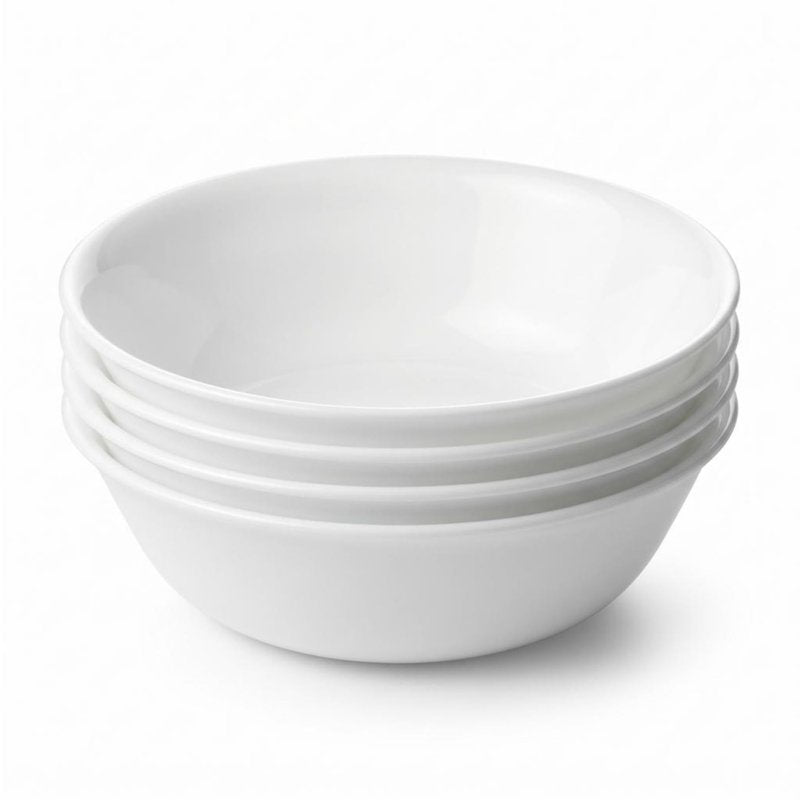 Corelle 4-Pc Meal Bowls Set Service for 4, Durable and Eco-Friendly 9-1/4-Inch Glass Bowls, Compact Stack Bowl Set, Microwave and Dishwasher Safe, White, 46 Ounces