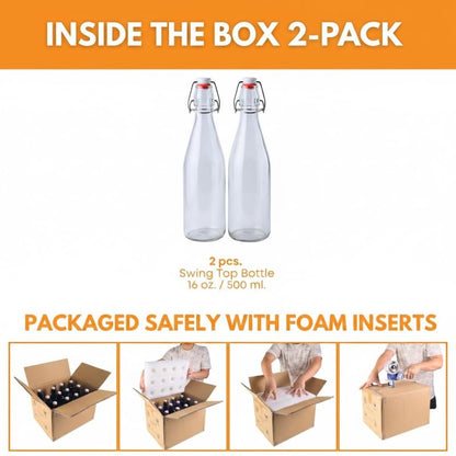 FastRack Swing Top Glass Bottles 16 oz (500ml) – 2 Pack | Clear Flip Top Bottles with Airtight Lids | Reusable Glass Containers for Olive Oil, Vinegar, Kombucha, Beer & Fermentation