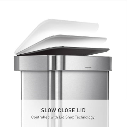 simplehuman 45 Liter / 12 Gallon Liter Rectangular Hands-Free Kitchen Step Trash Can with Soft-Close Lid, Brushed Stainless Steel with Plastic Lid