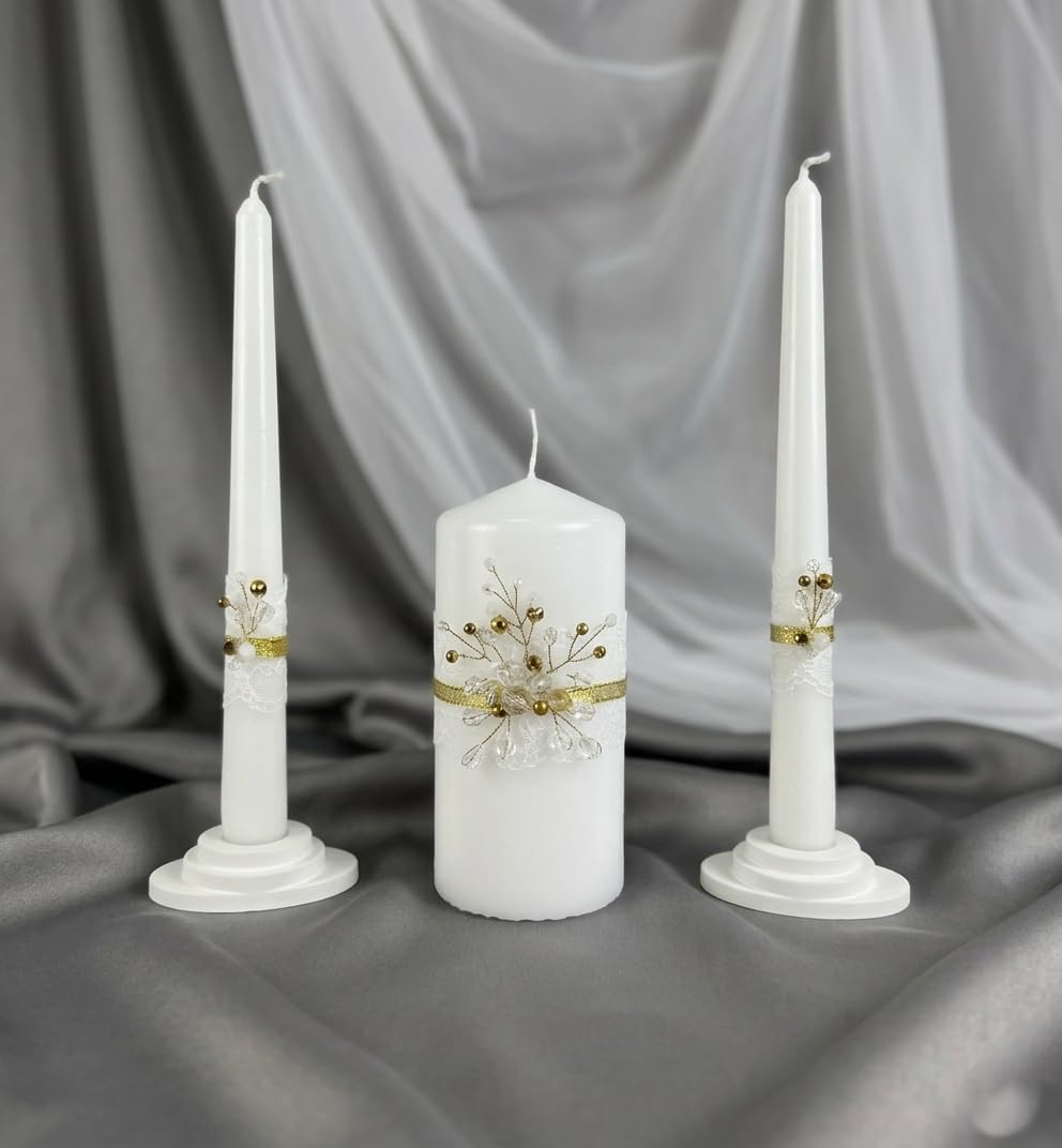 Magik Life Unity Candle Set - Wedding Ceremony & Reception – 6” Pillar & Two 10” Taper Candles – Long Burning Unity Candles for Marriage Ritual – Handmade in USA – Diamond |Gold