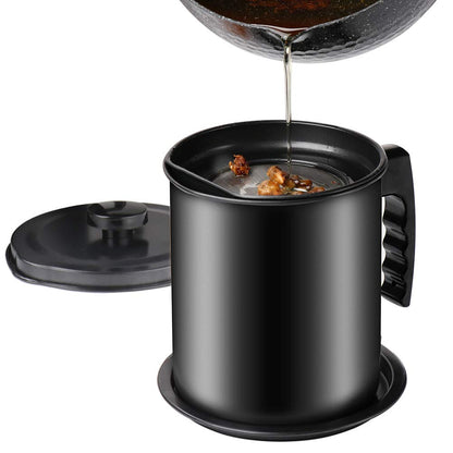 Cambom Bacon Grease Container with Fine Mesh Strainer, 1.3 L almost 6 Full Cups Iron Cooking Oil Can with Removable a Coaster Tray for Kitchen Fat Storage Black