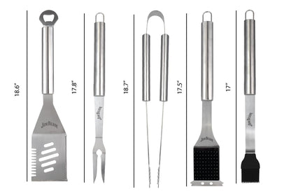 Jim Beam® 5 Piece Stainless Steel BBQ Tool Set - 2-Prong Fork, 4-in-1 Spatula, Grilling Tongs, Basting Brush, Extra Long Handles