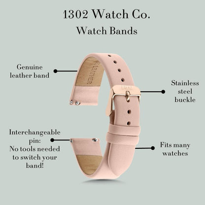 1302 Leather Watch Bands for Women and Men, Quick Release Watch Band, 12mm,14mm,16mm,18mm,20mm and 22mm Easy Interchangeable Strap (Nude/Rose Gold Buckle, 16mm)