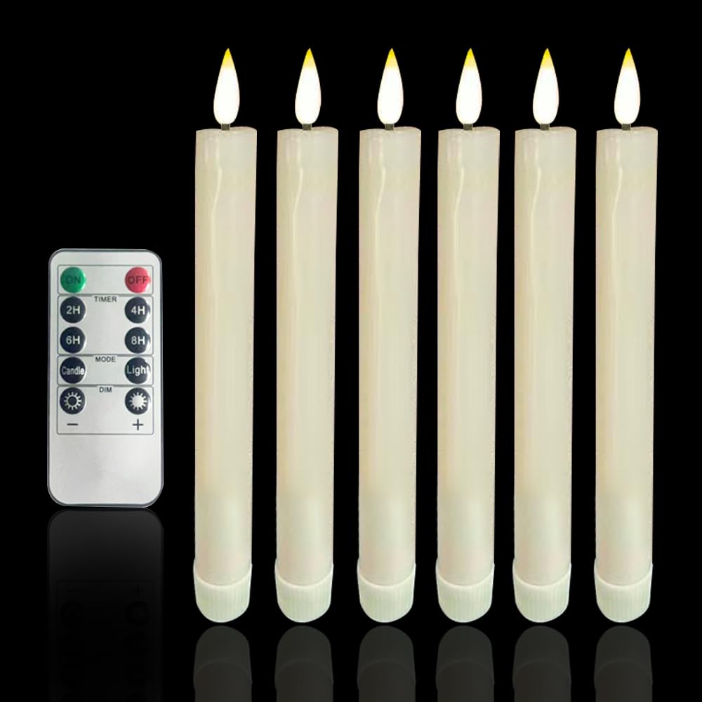 6Pcs Flameless Taper Candles with Remote Timer Dimmer, 8.9 inches Ivory Taper Candles Battery Operated, Plastic LED Candlesticks with Flickering Flame for Halloween Christmas Church Wedding