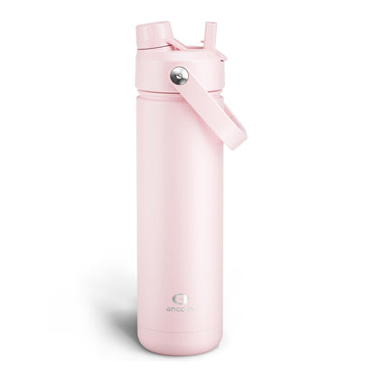 Insulated Water Bottle with Straw - Encool Stainless Steel Water Bottle, Leak-Proof, BPA-Free, Double Wall Vacuum Keeps Cold for 24 Hours for Sports, Travel, School (26 oz, Cotton Candy)