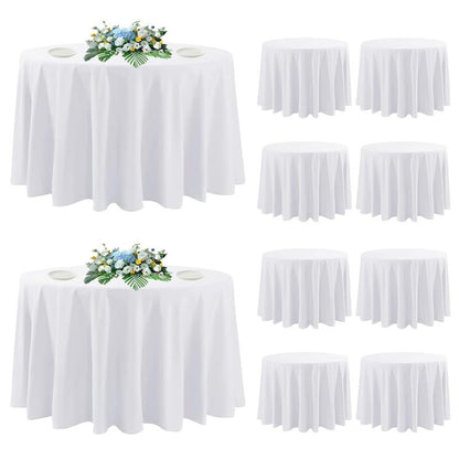 DAKKIONY 10 Pack Round Tablecloth White 120 Inch, Stain Resistant and Wrinkle Polyester Fabric, Washable Table Cover for Kitchen Dining, Wedding, Buffet Table, Holiday Party