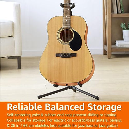 Amazon Basics Height Adjustable Foldable Guitar Stand with Secure Support for Acoustic, Electric, Bass and Banjos, Sturdy, Black