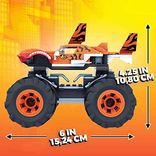 MEGA Hot Wheels Monster Trucks Building Toy Playset Tiger Shark with 187 Pieces 1 Micro Action Figure Driver Orange and Black Kids Age 5+ Years