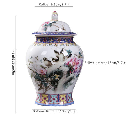 Ceramic Jar with Lid for Home Decor Traditional Chinese Flowers and Birdstemple Handcrafted Porcelain Vase