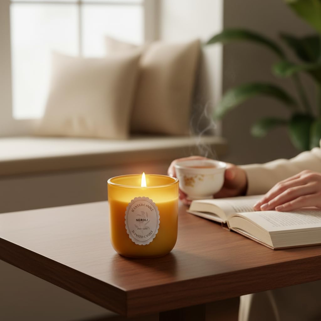 Neroli Scented Candle 8oz – CW Studio Color Glass Jar — Hand-Poured Soy & Paraffin Wax – Clean Burn, Smokeless, Up to 30 Hours, Home Decor & Gift Giving