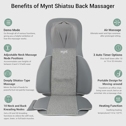 Mynt FSA HSA Eligible 3D Shiatsu Neck and Back Massager for Chair with 10 Deep Kneading Nodes, Adjustable Gray Back Massage with Heat, Portable Massage Chair Pad, Gifts for Father Day