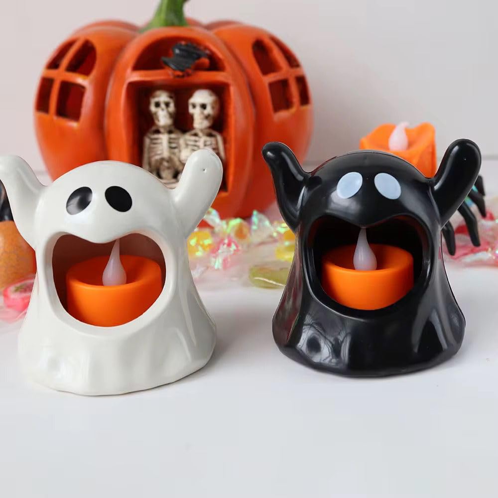 Halloween Candle Holder Cup,Cartoon Candle Holder Cute Ghost Decorations for Table Tea Light Candle Holders Home Halloween Decor (2PCS)
