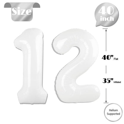 White Number 12 Balloon 40 inch, 12 Number Balloons, 12th White Birthday Decorations for Girls Boys 12 Year Old Party Supplies