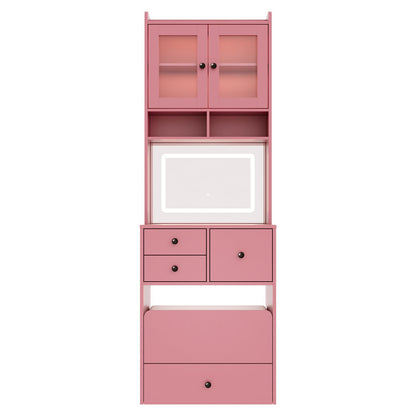 Hetoy 3-in-1 Vanity Desk with Sliding LED Mirror, AC Outlets & USB-C, 4 Drawers, Acrylic Doors, Storage Stool, Cushioned Chair - Complete Makeup Dressing Table Set for Bedroom - Pink