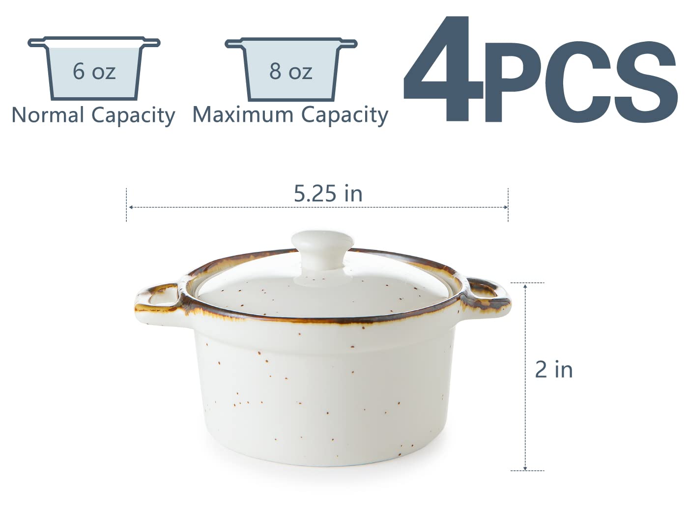 ONEMORE Mini Cocotte Set of 4, 6 oz Ceramic Ramekins with Lids and Handles, Small Casserole Dishes for Oven, Mini Dutch Oven for French Onion Soup, Souffle and Baking, Microwave & Dishwasher Safe, Creamy White