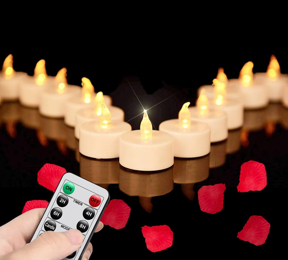LED Tea Lights with Remote Control: Battery Operated Realistic and Bright Flickering Long Lasting 400+Hours Flameless Candles for Home Decor Holiday Wedding Party Valentine's Day(24Pcs WarmYellow)