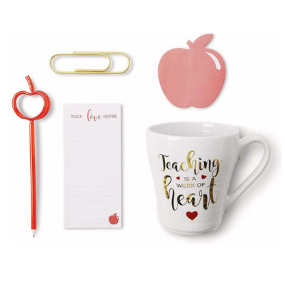 VOTUM Teacher Appreciation Gift for Women or Men - Bundle Includes Mug, Writing Pad, Apple-Shaped Pen and Sticky Notes, Jumbo Gold Paper Clip - Heart Coffee Cup - Teacher Appreciation Week Thank You
