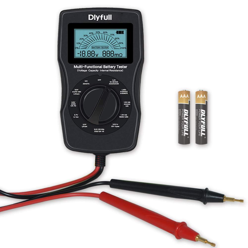 Dlyfull Universal Battery Tester with LCD Display, Small Digital Battery Voltage Resistance Checker for Ni-MH, Ni-CD, Li-ion, Alk & LiFe04 Batteries(AA AAA C D 9V 12V 18650 CR123A 2CR5 CR2032 Cells)