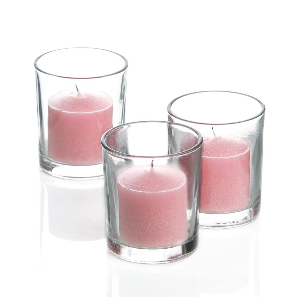 Set of 12 Richland Votive Candles Pink Unscented and 12 Clear Glass Eastland Votive Holders