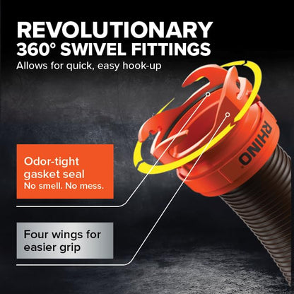 Camco RhinoFLEX 15-Ft Camper/RV Sewer Hose Kit - Features Clear Elbow Fitting w/Removable 4-in-1 Adapter - Connects to 3” Slip or 3”/3.5”/4” NPT Threaded Sewer Connection (39761)