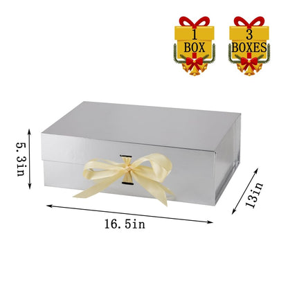 BoxSkivra Large Silver Gift Box with Ribbon 1 Pack 16.5X13X5.3 Inch Extra Large Gift Box with Lid Magnetic Closure Rectangle Collapsible Luxury Boxes for Wedding Dress、Shredded Paper Filler & Card
