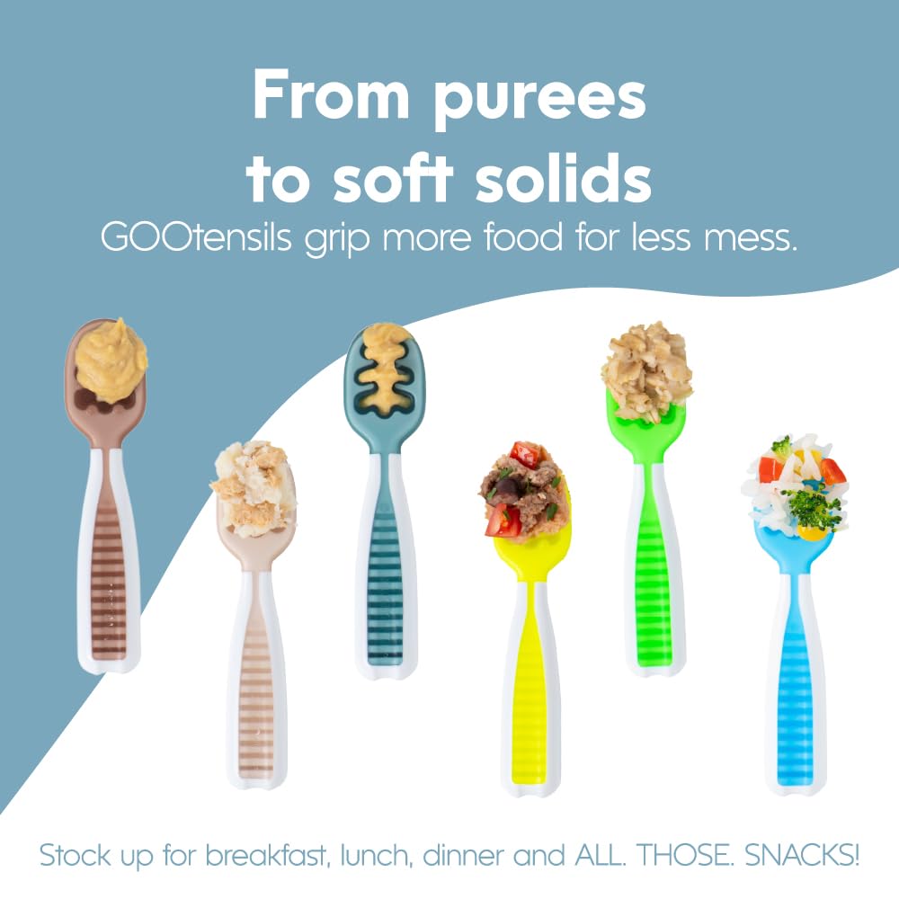 NumNum Baby Spoons Set, Feeding Littles x Silicone Pre-Spoon GOOtensils for Baby Led Weaning, Self-Feeding & Teething, First Stage Toddler Utensils for Ages 6+ Months, 3-Pack, BPA-Free (Neutrals)