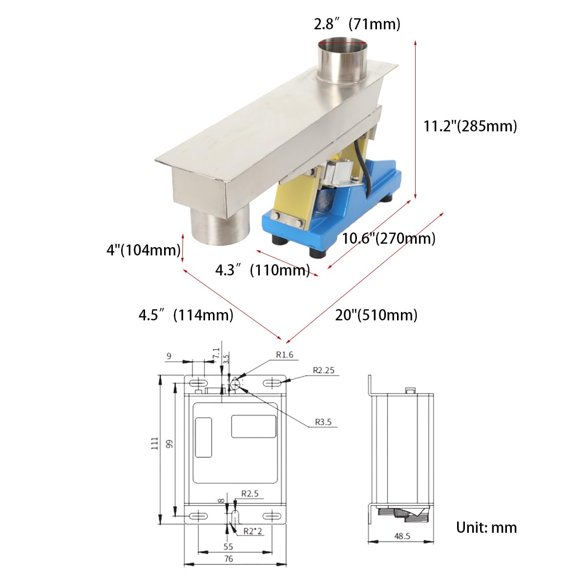 20W Electromagnetic Vibrating Feeder Shaking Feeding Machine 1T/h Direct Vibration Feeders Material Conveyors 110V GZV-3F