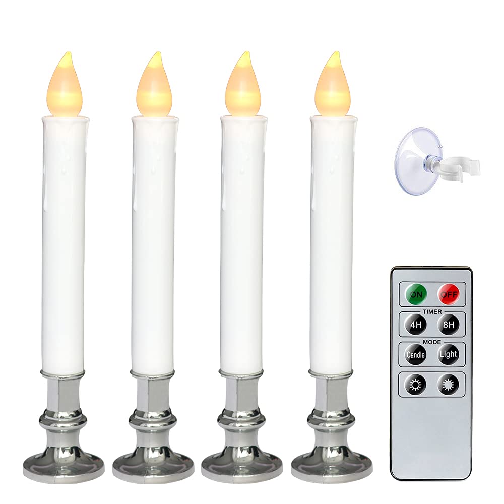 Wondise Flameless Window Candles with Remote and Timer, Battery Operated Flickering Candles with Silver Holders and Suction Cups, Battery Included, for Holiday Decoration, Set of 4(D1 x H7 Inch)