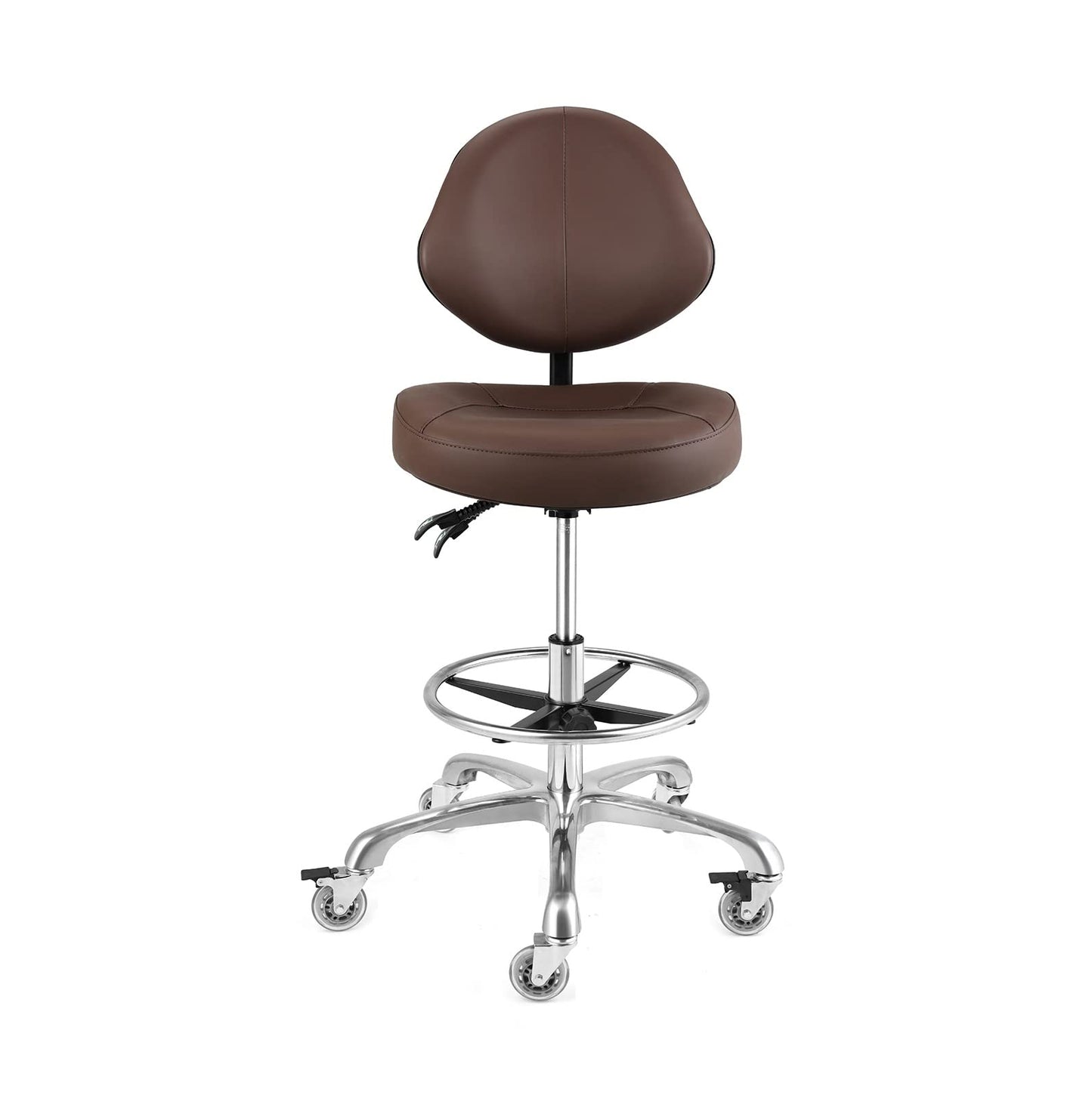 McDooFly Rolling Drafting Chair with Back Support - Tall Office Chair for Standing Desk Adjustable Foot Ring Swivel Rolling Stools for Workshop Art Studio Salon Shop Counter Home Office (Brown)