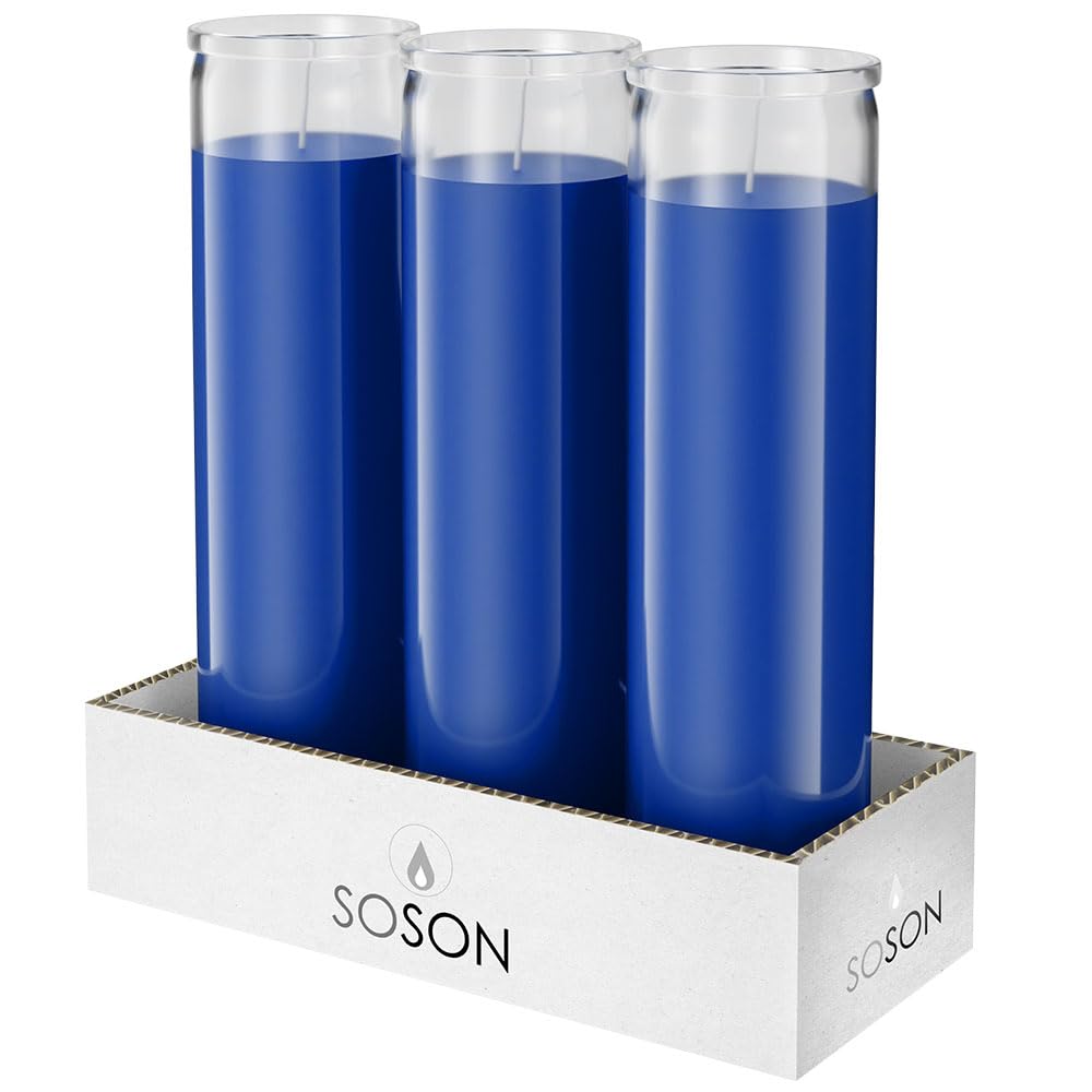 Simply Soson 2x8 inch Blue Devotional Candles in Glass Jar - 3 Pack - 90 Hours – Prayer Candle - Tall Pillar Candles for Religious, Memorials, Party Decor