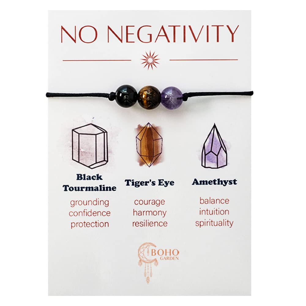 BOHO GARDEN Healing Crystal Bracelet for Removing Negativity - Spiritual Beaded Bracelets - 3 Real Natural Gem Stones, Adjustable 3-9.7” Rope - Gemstone Jewelry for Men, Women, Teens (13+) - 8mm Bead
