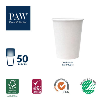 PAW - Baby Blue Disposable Paper Cups (8,5 oz, 50-Pack), Hot & Cold Paper Coffee Cups, Drinking Cups for Baby Shower, Gender Reveal Party, Baptism, Garden Party, Picnic