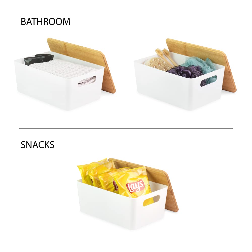 Isaac Jacobs 2-Pack Storage Bin Set w/Cut-Out Handles and Bamboo Lid, Plastic Organizers for Home, Pantry, Kitchen, Closet, Office, Home Décor, BPA Free, Food Safe (Medium, Clear)
