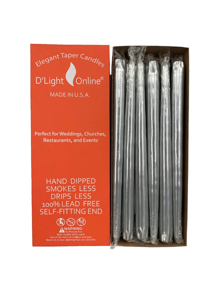 D'light Online Elegant 12" Unscented Metallic Silver Taper Candles, Premium Quality Hand-Dipped Tapered Candles, Dripless and Smokeless - Set of 12 (12 Inch, Metallic Silver)