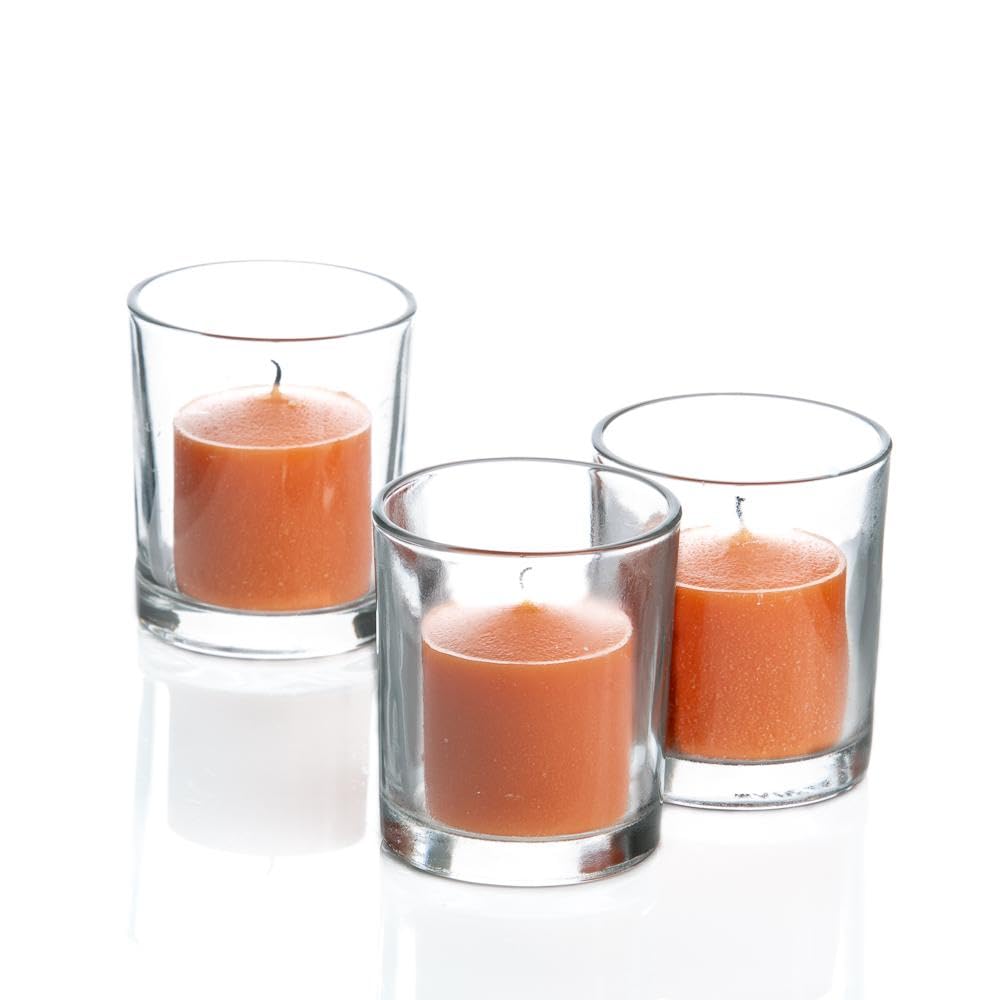 Set of 12 Richland Votive Candles Orange Unscented and 12 Clear Glass Eastland Votive Holders