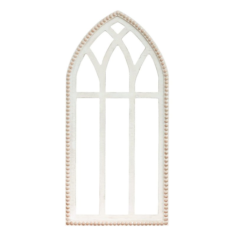 Synovana Arched Wooden Window Frame Wall Decoration, Rustic Farmhouse Wood Window Pane Hanigng Art Decor, 42 inches Gothic Cathedral Style Spire Design Wall Mounted Fake Window Decor, Distressed White