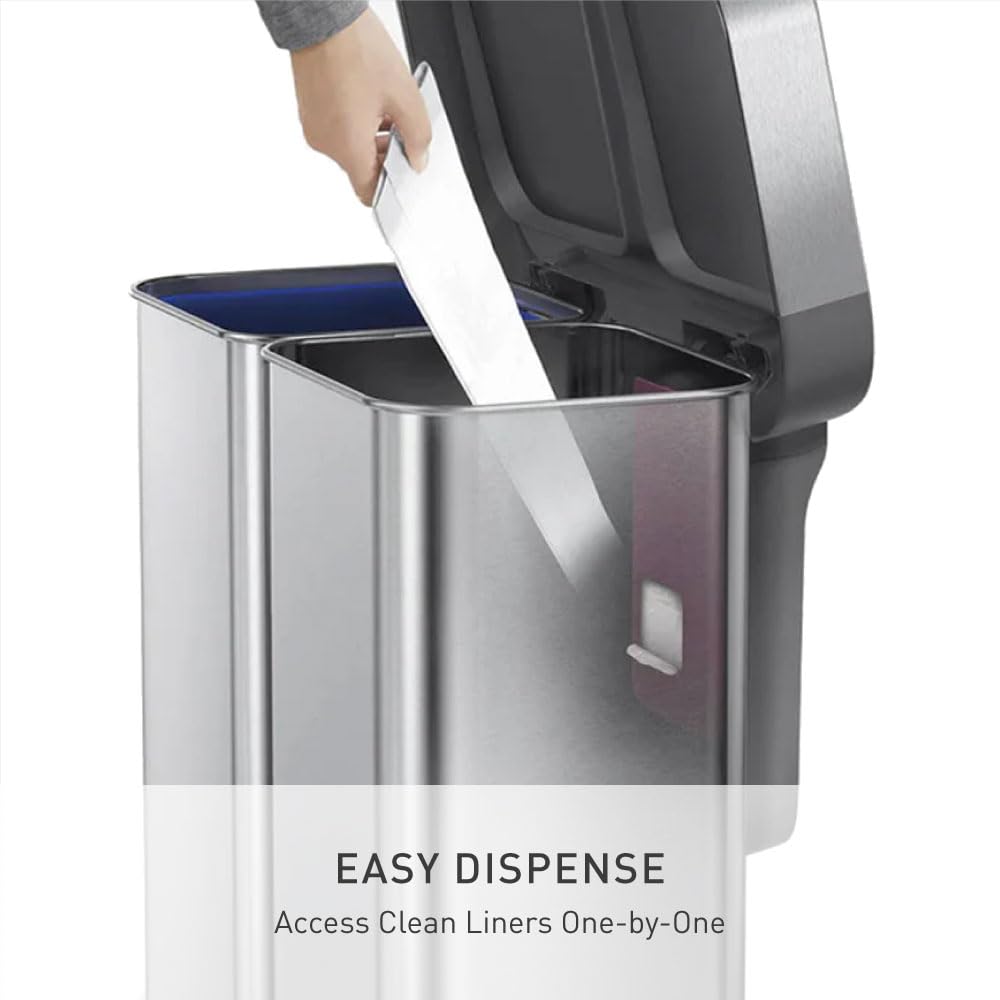 simplehuman 58 Liter / 15.3 Gallon Rectangular Dual Compartment Recycling Step, Brushed Stainless Steel with Soft-Close Plastic Lid Kitchen Trash Can