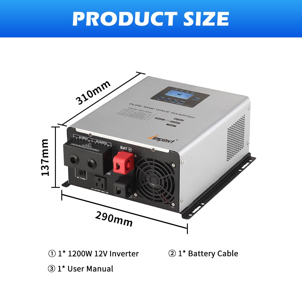 Ampinvt 1200W Pure Sine Wave Inverter with AC Charger, DC 12V to AC 120V Output,UPS Backup Power Low Frequency Inverter for Lithium, Sealed,AGM, Gel,and Flooded Batteries