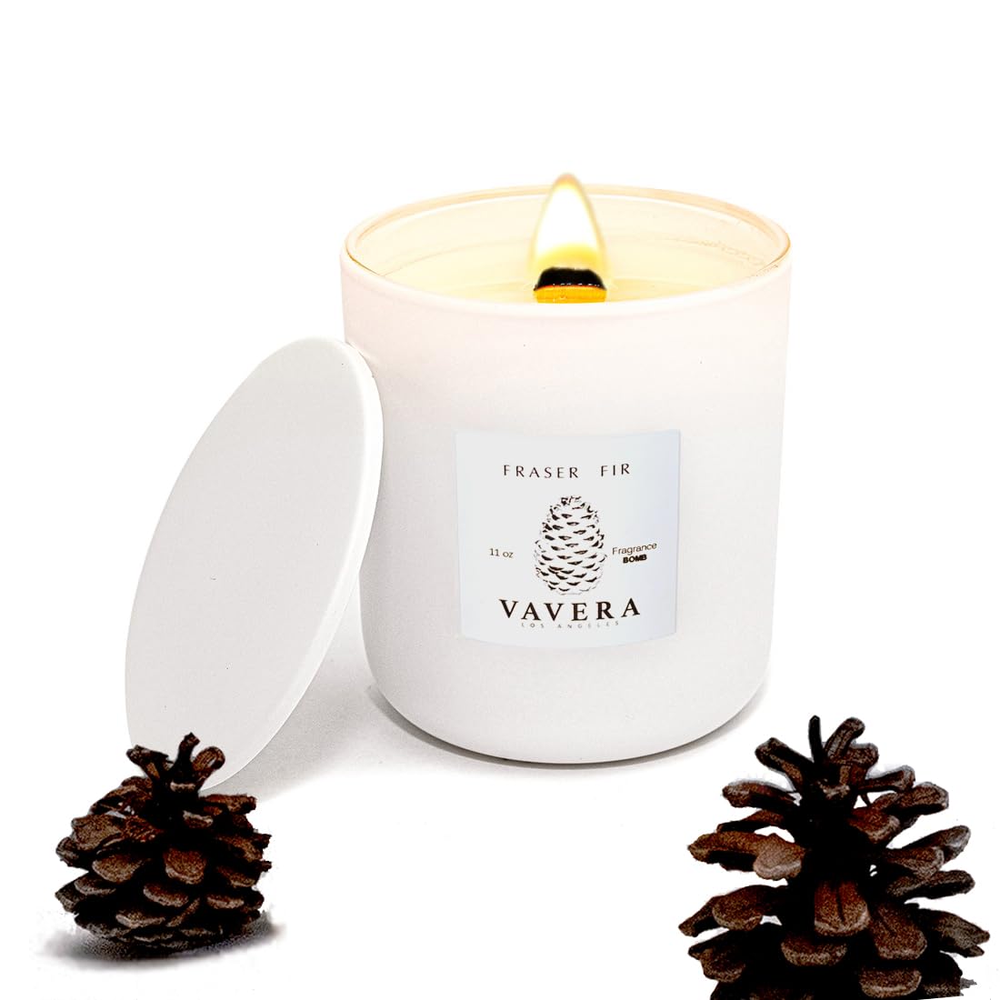 VAVERA Fraser Fir Candle Natural Wooden Wick (11oz Matte White Jar). Vegan Soy Christmas Candle. Pine Candles, Great for The Holidays. Non Toxic Candles for Women or Men. Hand-Crafted in USA.
