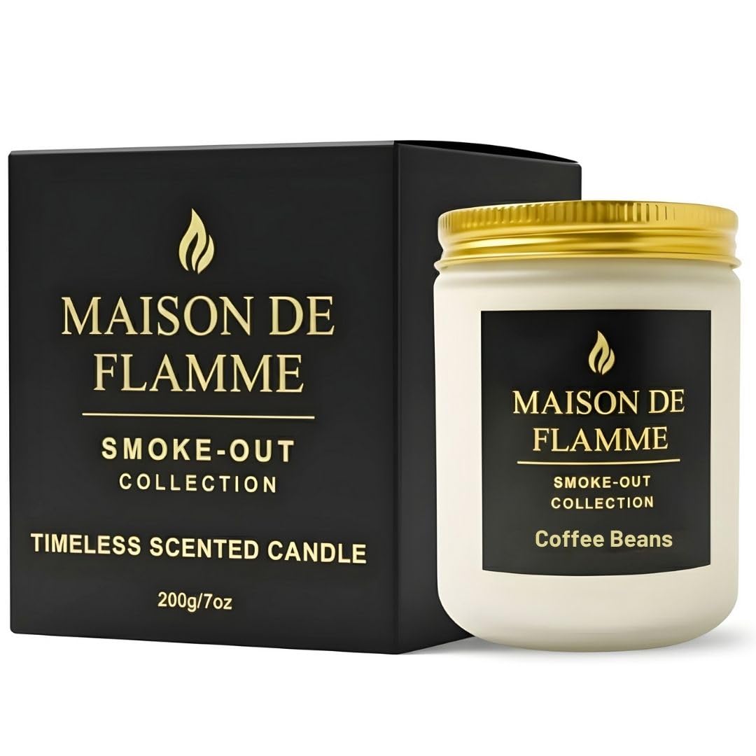 MAISON DE FLAMME Coffee Beans Odor-Eliminating Scented Candle, 200g/7oz White Jar – Long-Lasting Soy Wax Blend Candle for Smoke, Kitchen & Home Odors