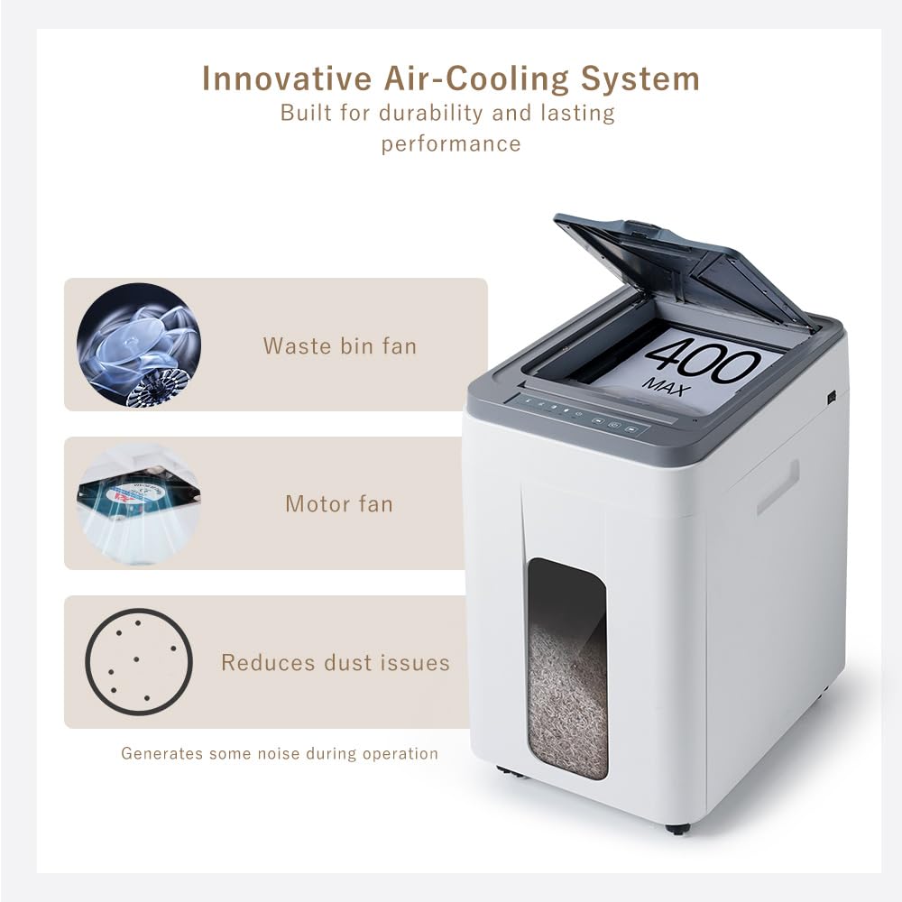 Effeluviate Heavy Duty Paper Shredder: 400 Sheets Auto Feed - Micro Cut P5 Security - Jam Proof Document Shred Machine - 13.2 Gallon Pullout Basket with Wheels for Home/Office/Commercial Use