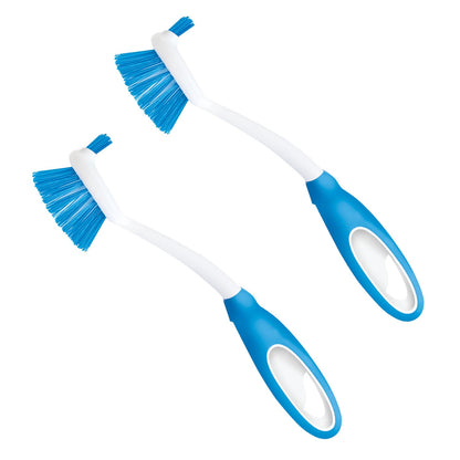 Dish Brush Scrubber for Kitchen, 2 Pack, by LOLA, Has Stiff Bristles & Food Scraper, Comfort No-Slip Grip Handle, Safe for Non-Stick & Coated Cookware