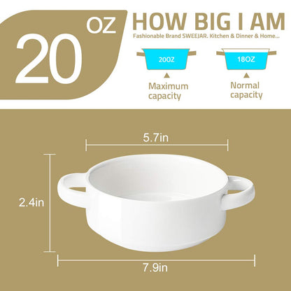 Sweejar Ceramic Soup Bowls with Double Handles, 20 Oz Stacked Bowls for French Onion Soup, Cereal, Pot Pies, Stew, Chill, Pasta, Set of 4 (White)