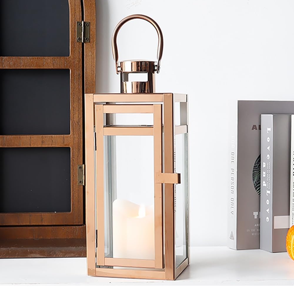 Candlestick Holders Stainless Steel Candle Holder Lanterns Rose Gold Hanging Lantern Candlestick Light for Indoor Outdoor Weddings Party Home Decor Candle Holders