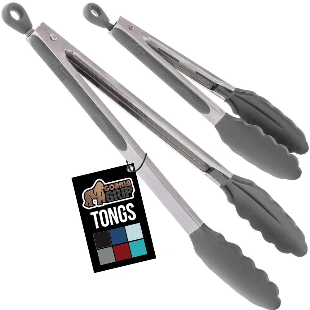GORILLA GRIP Stainless Steel Heat Resistant Kitchen Tongs for Cooking, 9 + 12 Inch, Set of 2 BBQ Tong, Non Scratch Silicone Tip for Pan, Strong Grip, Grab Food, Toss Salad, Air Fryer, Pull Lock, Black